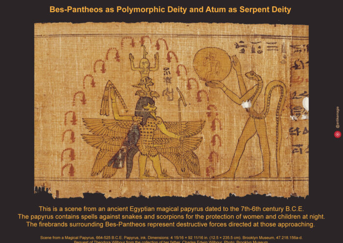 Scene from a Magical Papyrus, 664-525 B.C.E. Papyrus, ink. Dimensions: 4 15/16 × 92 11/16 in. (12.5 × 235.5 cm). Brooklyn Museum, 47.218.156a-d. Bequest of Theodora Wilbour from the collection of her father, Charles Edwin Wilbour. Photo: Brooklyn Museum.