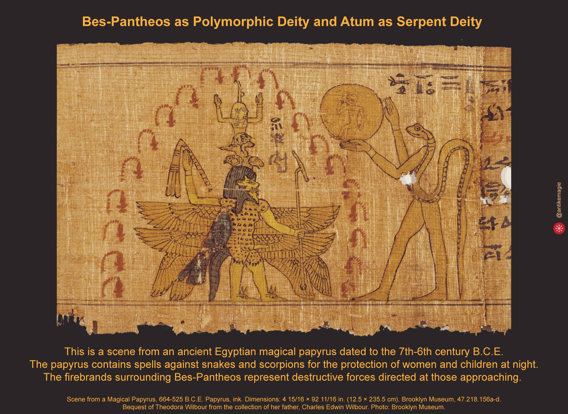 Scene from a Magical Papyrus, 664-525 B.C.E. Papyrus, ink. Dimensions: 4 15/16 × 92 11/16 in. (12.5 × 235.5 cm). Brooklyn Museum, 47.218.156a-d.Bequest of Theodora Wilbour from the collection of her father, Charles Edwin Wilbour. Photo: Brooklyn Museum.