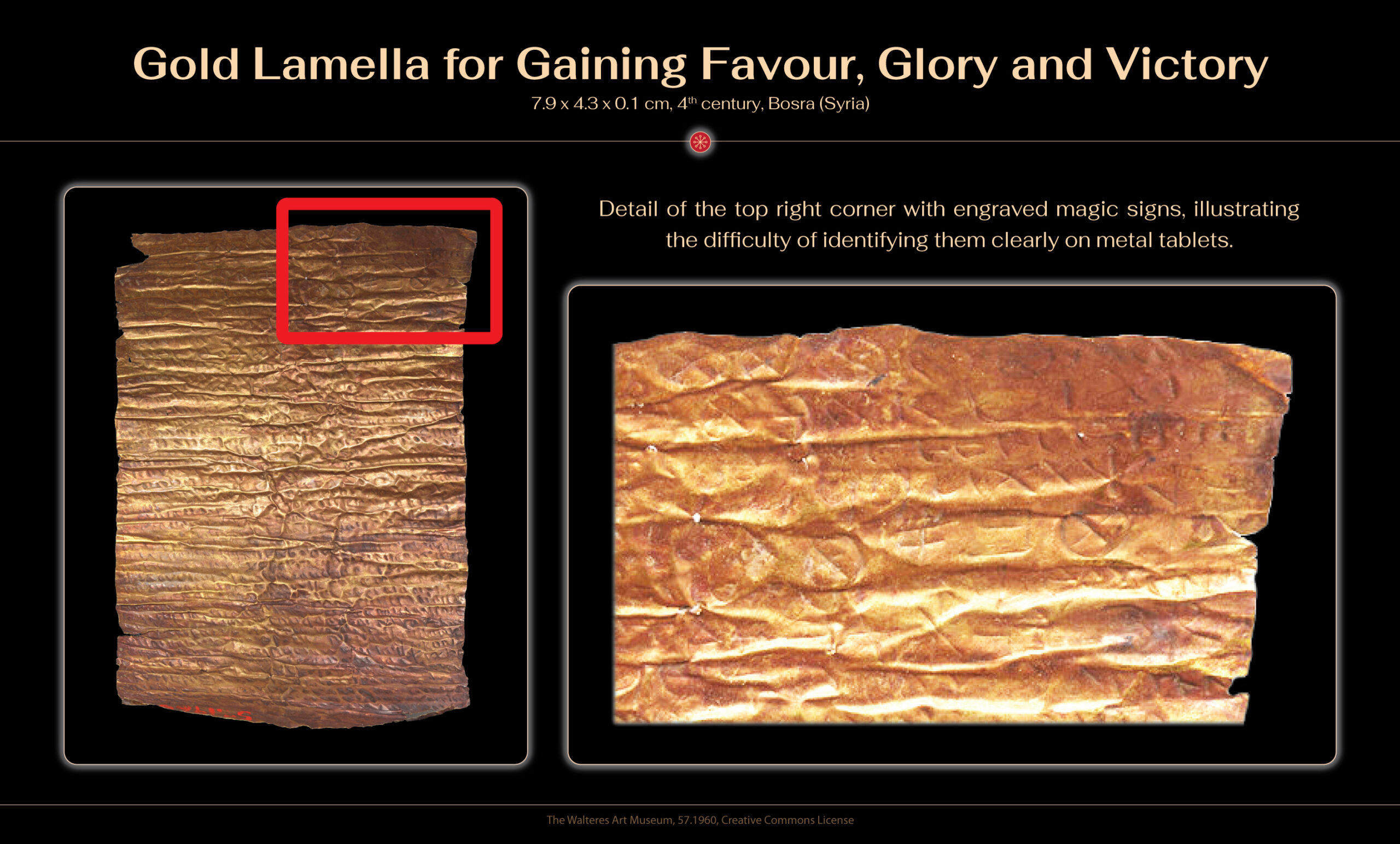 Gold lamella for gaining favour, glory and victory, 4th century, Bosra (Syria), H: 3 1/8 x W: 1 11/16 in. (7.9 x 4.3 x 0.1 cm), The Walteres Art Museum, 57.1960, Creative Commons License