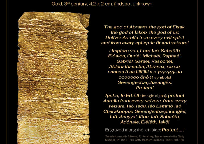 Gold lamella with an incantation against epilepsy, ca. 3rd century, 4.2 × 2 cm, findspot unknown, The J. Paul Getty Museum, Villa Collection, Malibu, California, 80.AM.53