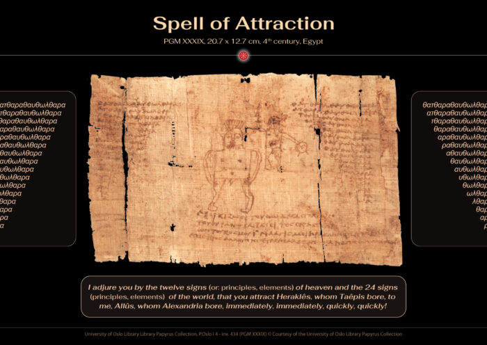 Spell of Attraction, papyrus, 20.7 x 12.7 cm, 4th century, Egypt, University of Oslo Library Library Papyrus Collection, P.Oslo I 4 - inv. 434 (PGM XXXIX) © Courtesy of the University of Oslo Library Papyrus Collection