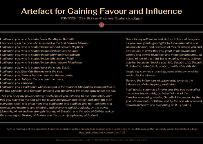 Artefact for Gaining Favour and Influence, 12.3 x 19.7 cm, 4th century, Oxyrhynchus, Egypt, Biblioteca Medicea Laurenziana, Firenze, PSI I 29 (PGM XXXV)