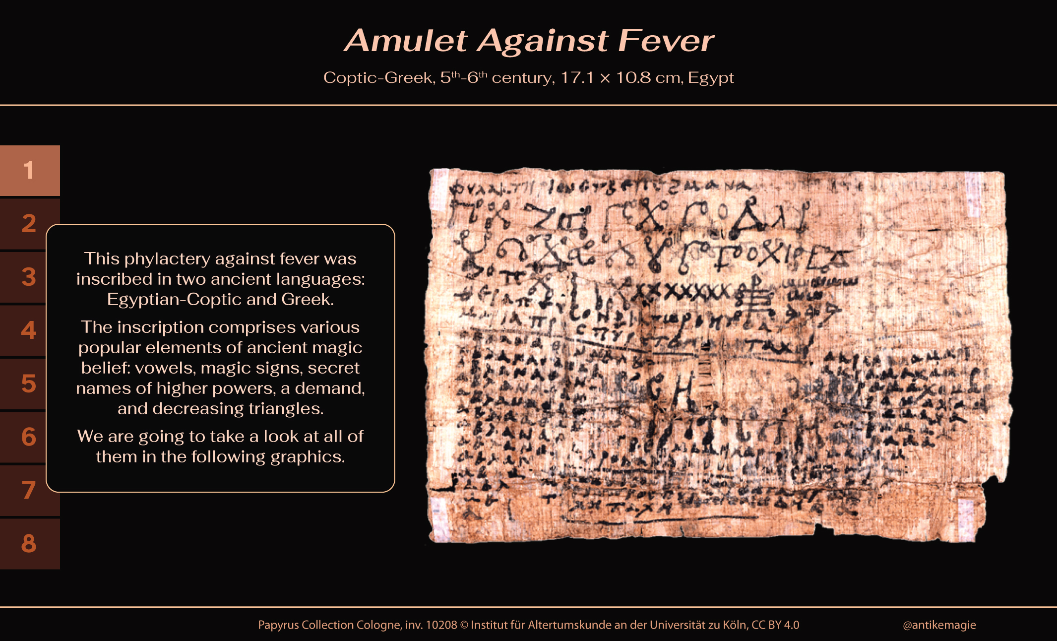 Coptic-Greek Amulet Against Fever, 5th-6th century, 17.1 × 10.8 cm, Egypt, Papyrus Collection Cologne, inv. 10208 © Institut für Altertumskunde an der Universität zu Köln, CC BY 4.0