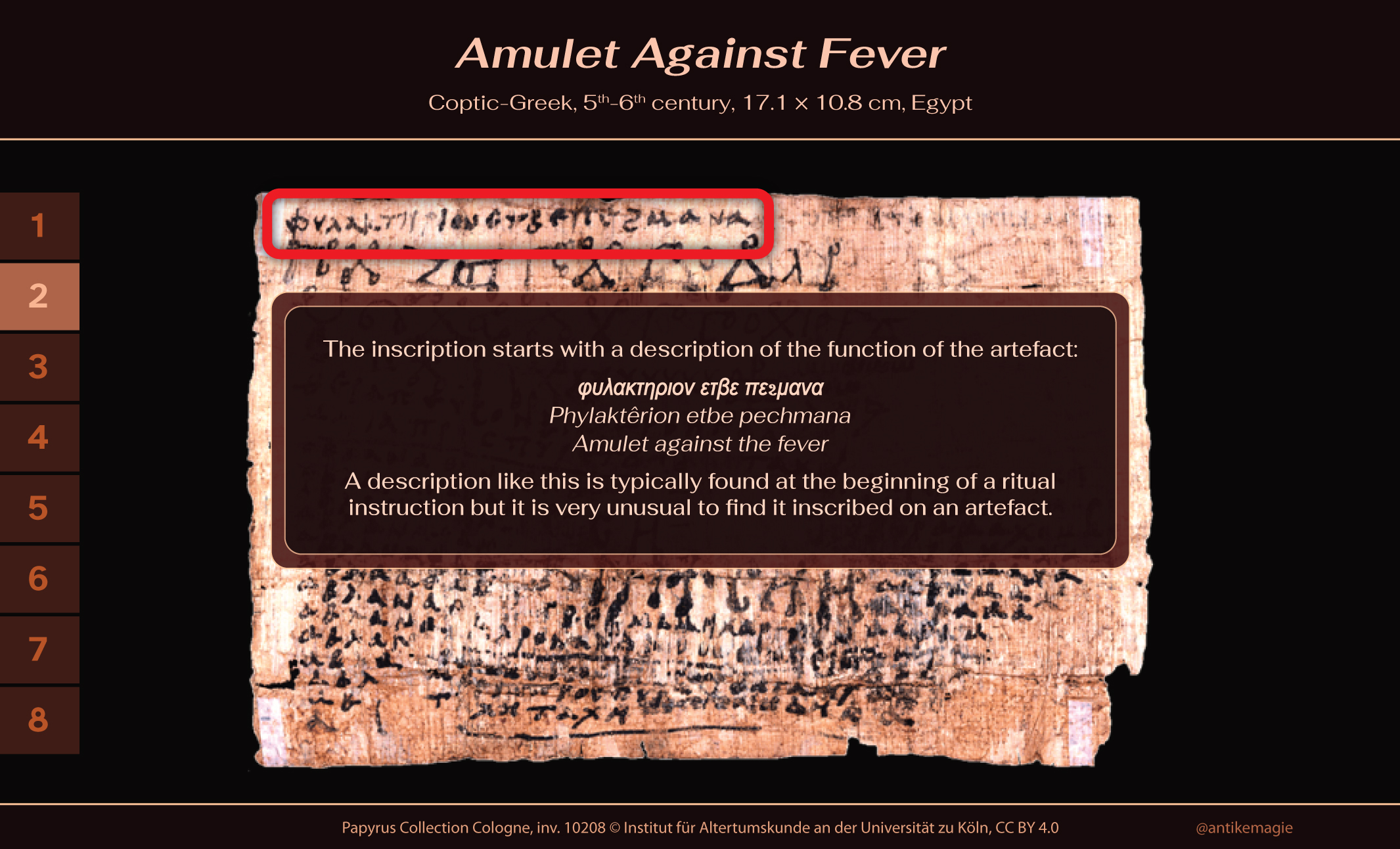 Coptic-Greek Amulet Against Fever, 5th-6th century, 17.1 × 10.8 cm, Egypt, Papyrus Collection Cologne, inv. 10208 © Institut für Altertumskunde an der Universität zu Köln, CC BY 4.0