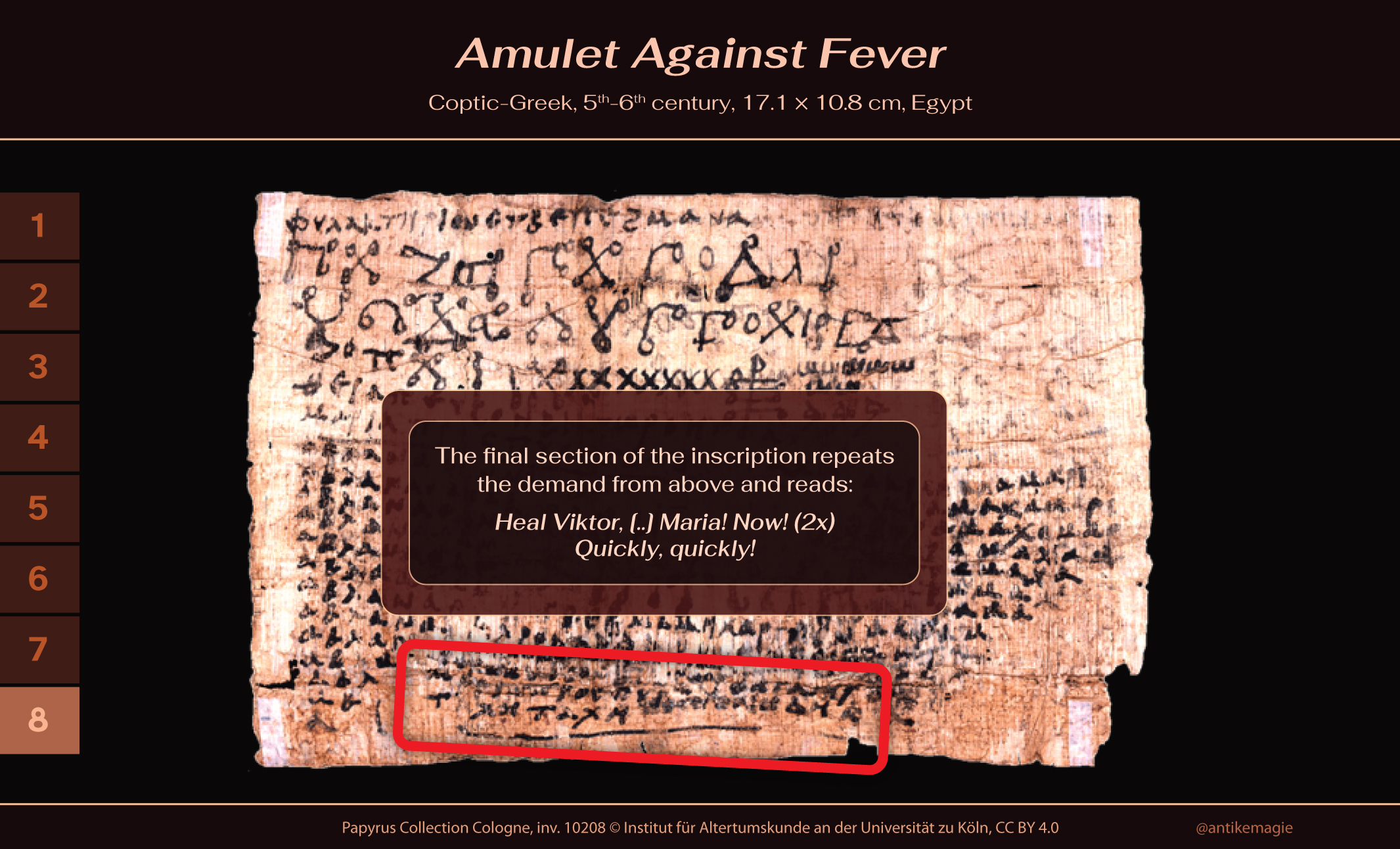 Coptic-Greek Amulet Against Fever, 5th-6th century, 17.1 × 10.8 cm, Egypt, Papyrus Collection Cologne, inv. 10208 © Institut für Altertumskunde an der Universität zu Köln, CC BY 4.0
