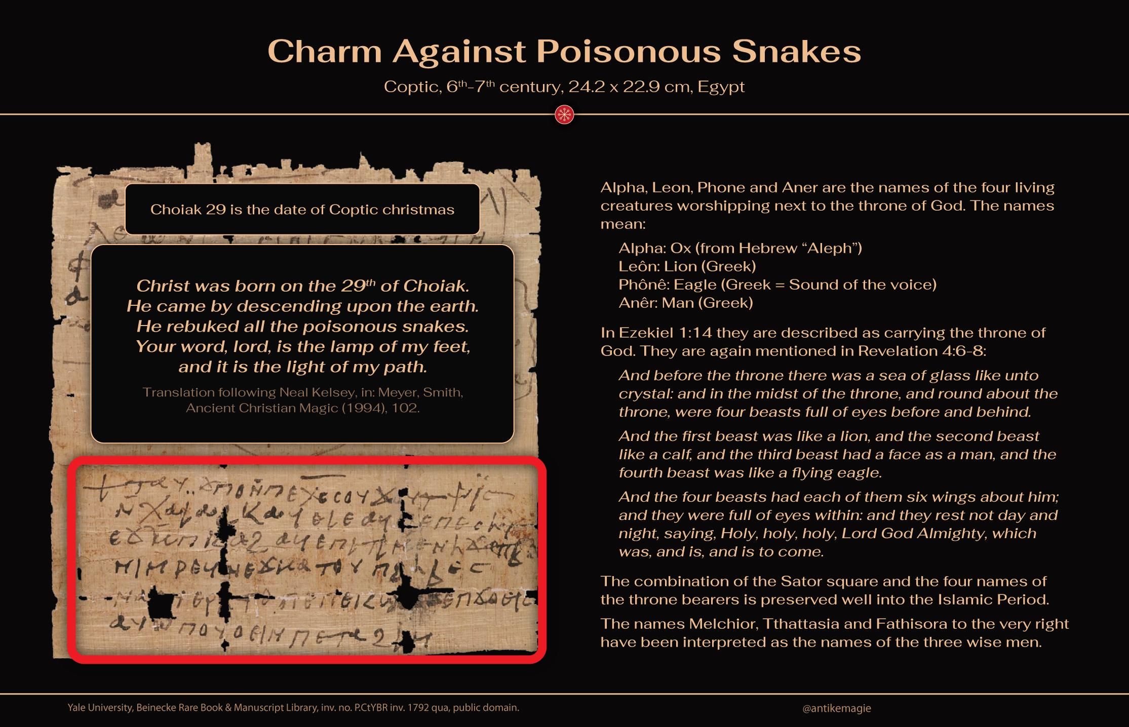 The Archaeology of Ancient Magic - Christian Charm Against Poisonous Snakes with Sator square - Yale University, Beinecke Rare Book & Manuscript Library, inv. no. P.CtYBR inv. 1792 qua
