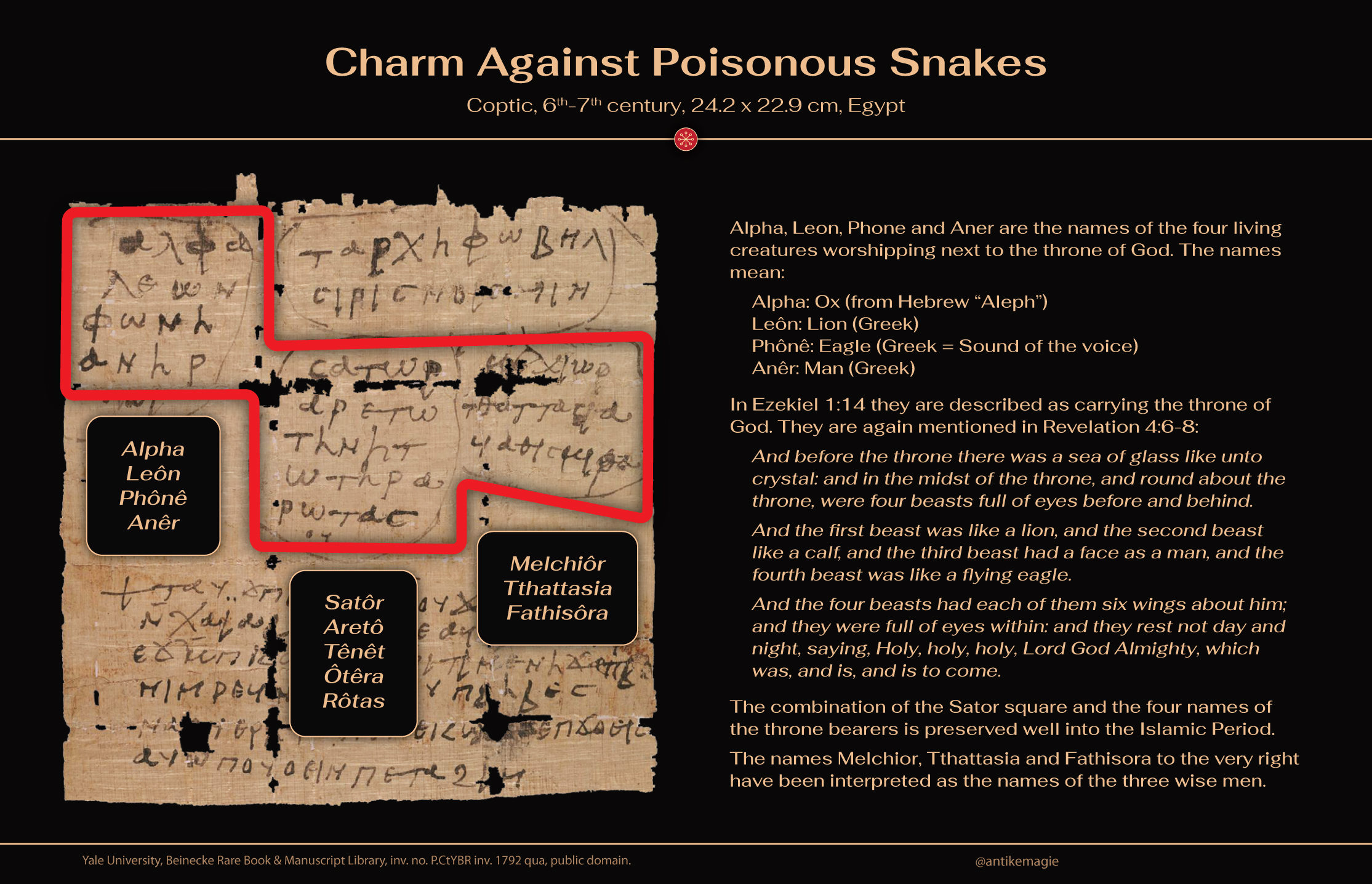 The Archaeology of Ancient Magic - Christian Charm Against Poisonous Snakes with Sator square - Yale University, Beinecke Rare Book & Manuscript Library, inv. no. P.CtYBR inv. 1792 qua
