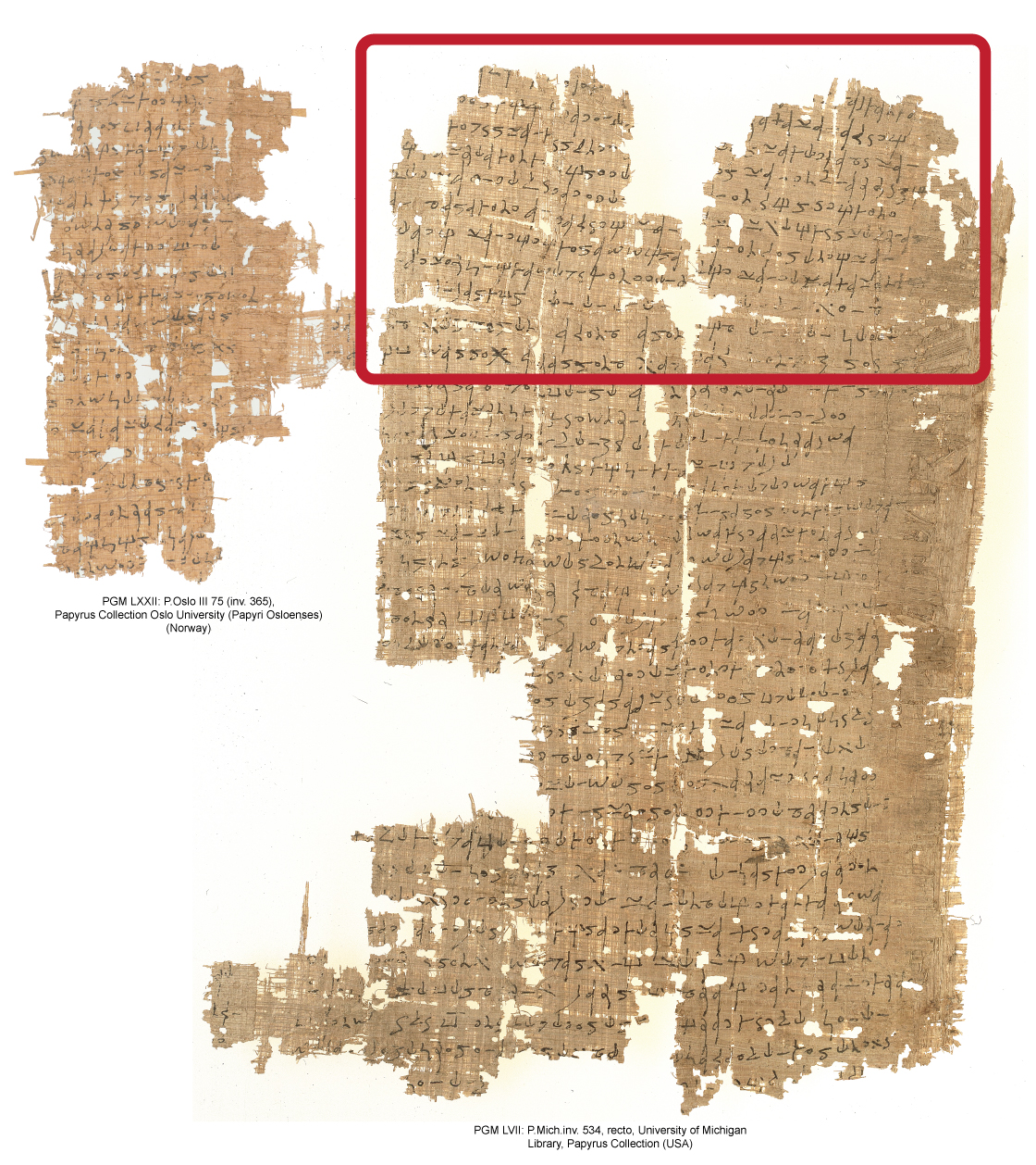 Small fragment to the left: PGM LXXII = P.Oslo III 75 (inv. 365), © Papyrus Collection Oslo University (Papyri Osloenses) (Norway). Larger papyrus to the right: PGM LVII: P.Mich.inv. 534, recto, University of Michigan Library, Papyrus Collection (USA) (Public Domain)