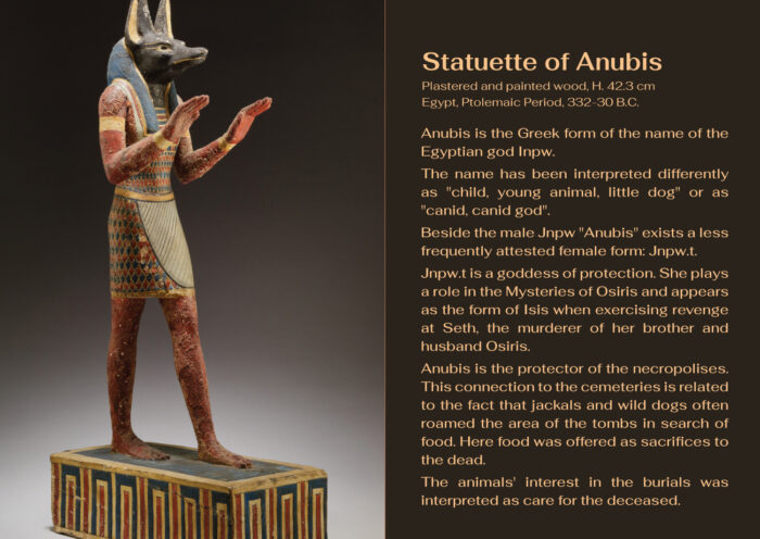 Statuette of Anubis, plastered and painted wood, ca. 332-30 B.C. H. 42.3 cm, Egypt, The Metropolitan Museum of Art, 38.5, Public Doamin , ca. 332-30 B.C. H. 42.3 cm , Egypt, The Metropolitan Museum of Art, 38.5, Public Doamin