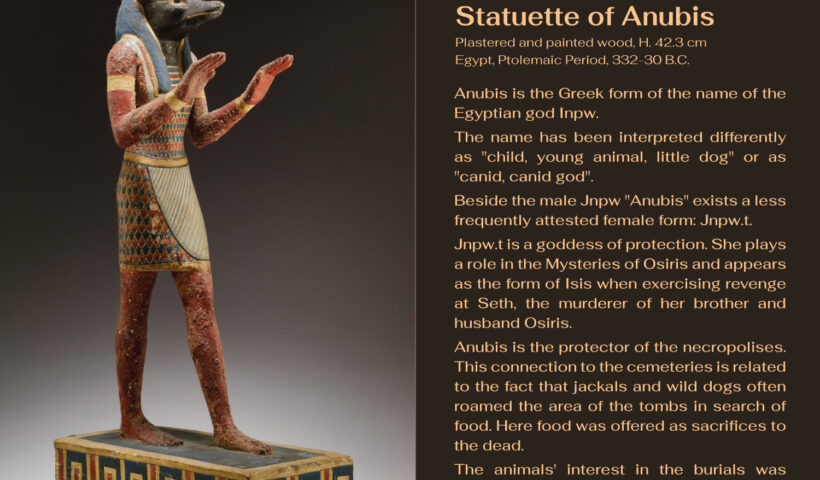 Statuette of Anubis, plastered and painted wood, ca. 332-30 B.C. H. 42.3 cm, Egypt, The Metropolitan Museum of Art, 38.5, Public Doamin , ca. 332-30 B.C. H. 42.3 cm , Egypt, The Metropolitan Museum of Art, 38.5, Public Doamin