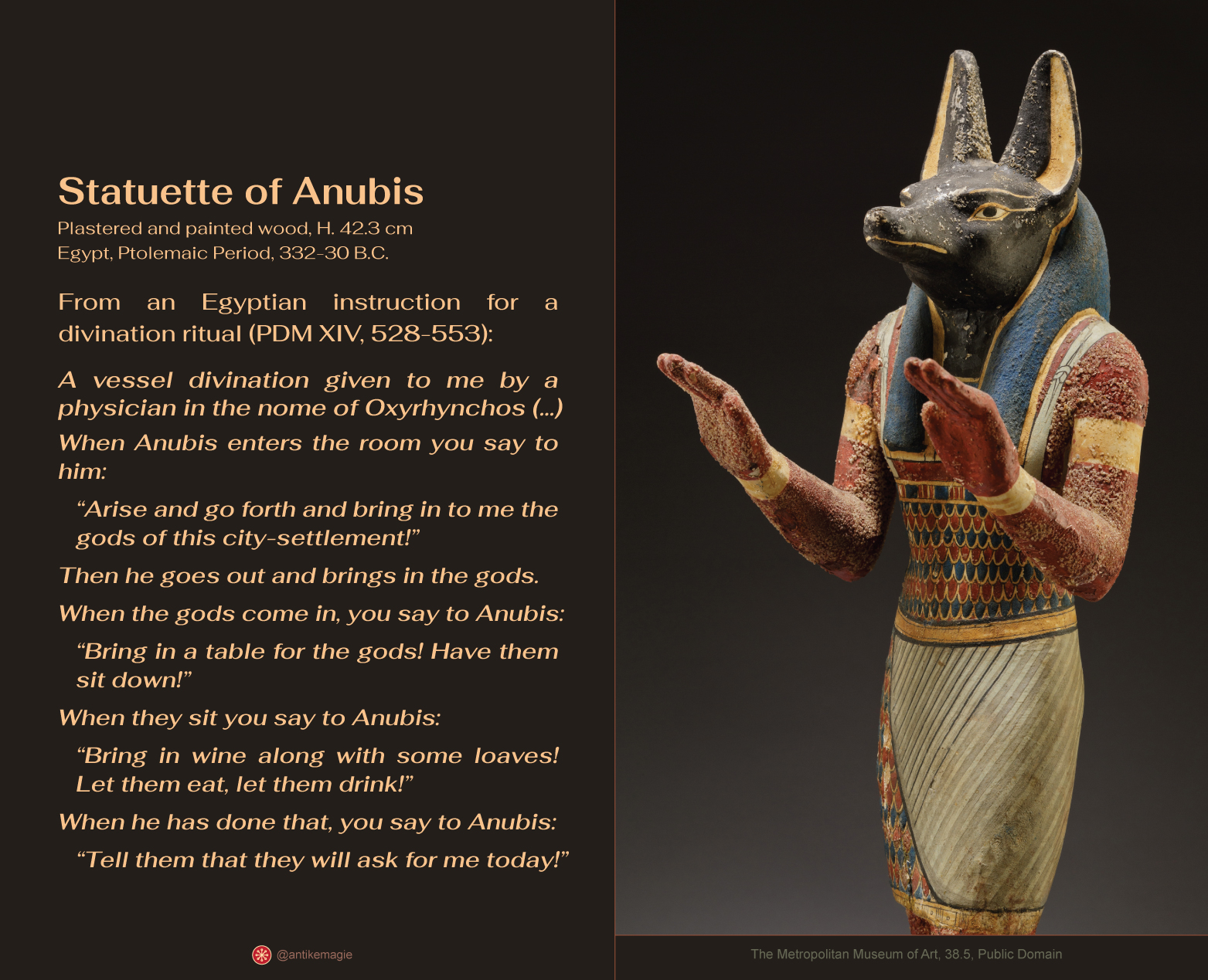 Statuette of Anubis, plastered and painted wood, ca. 332-30 B.C. H. 42.3 cm, Egypt, The Metropolitan Museum of Art, 38.5, Public Doamin