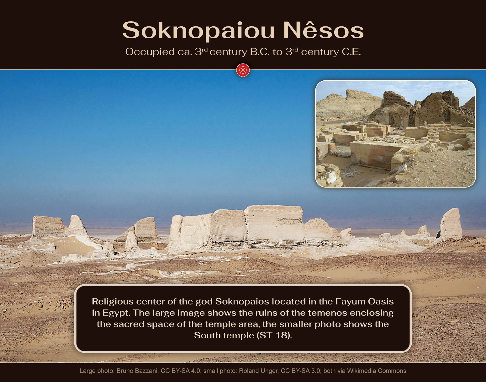 Soknopaiou Nêsos, Egypt, large photo: Bruno Bazzani, CC BY-SA 4.0; small photo: Roland Unger, CC BY-SA 3.0; both via Wikimedia Commons