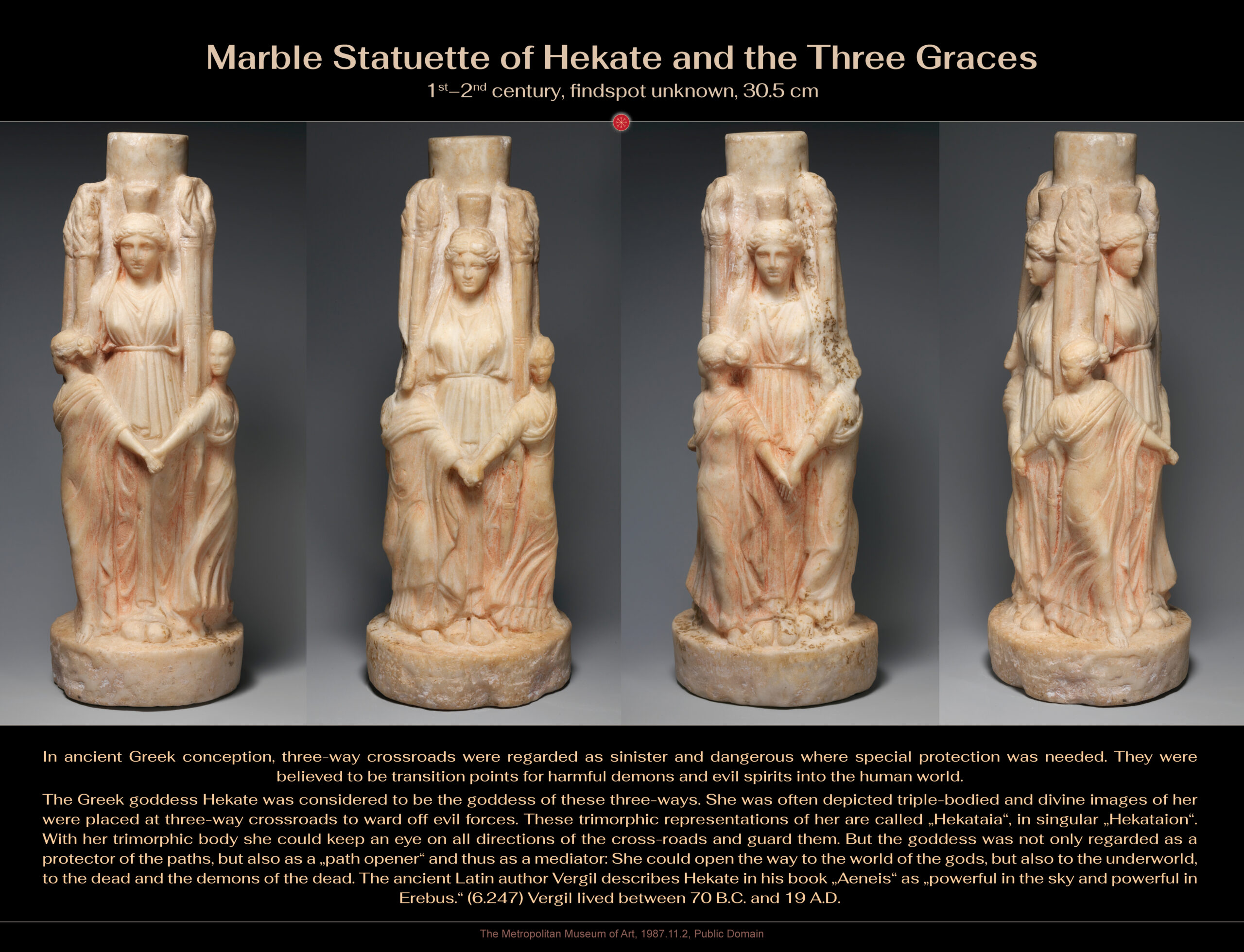 Marble Statuette of Hekate and the Three Graces, 1st–2nd century century, H: 30.5 cm (12 in.), unknown findspot, The Metropolitan Museum of Art, 1987.11.2, Public Domain