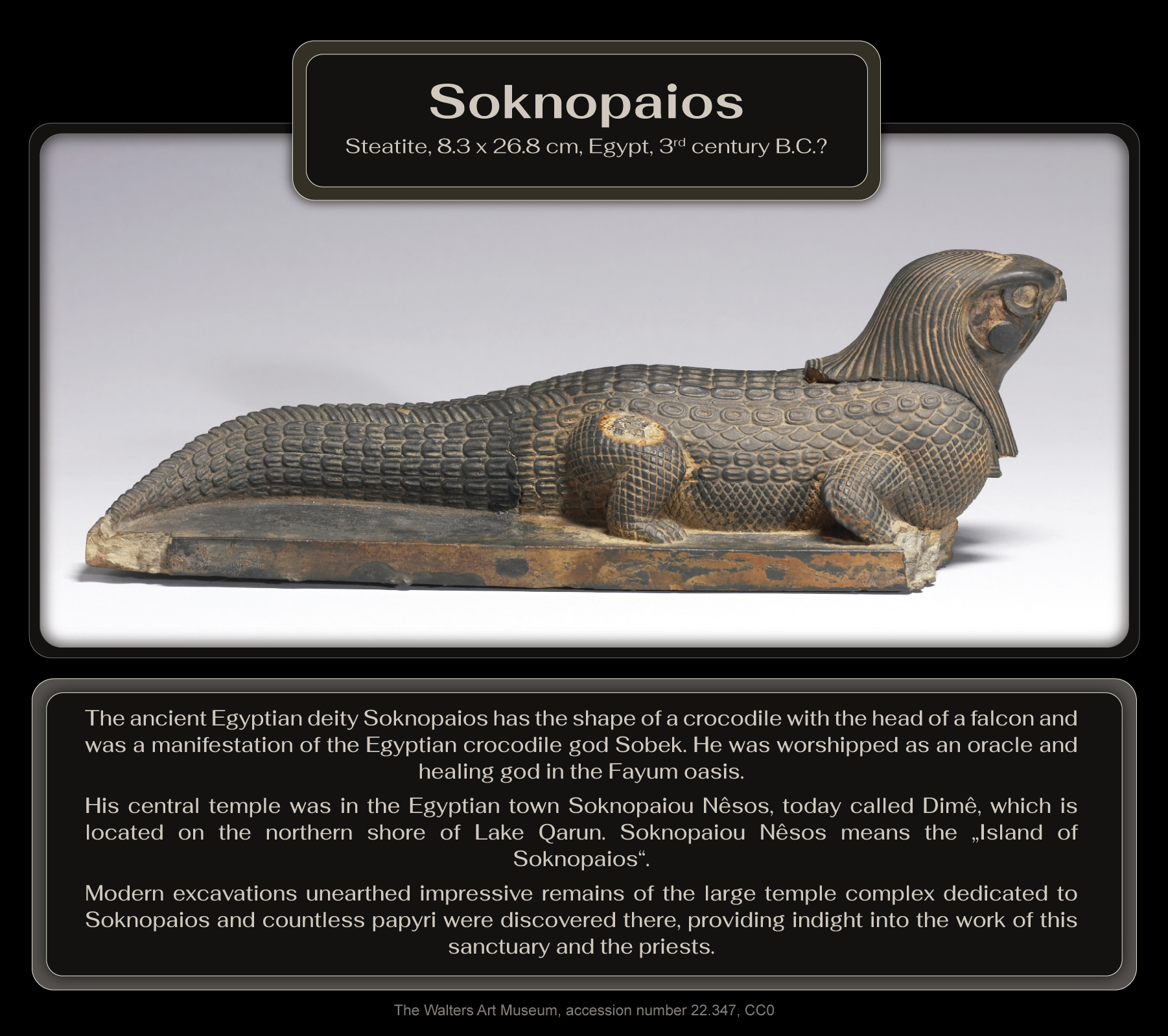 The ancient Egyptian deity Soknopaios, steatite, 8.3 x 26.8 cm, Egypt, 3rd century B.C.? The Walters Art Museum, accession number 22.347, CC0