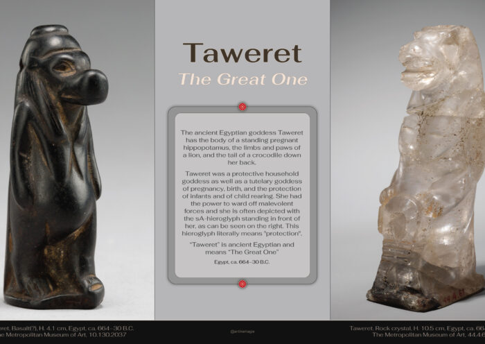 The Egyptian goddess Taweret. To the left: Taweret, Basalt(?), H. 4.1 cm, Egypt, ca. 664–30 B.C., The Metropolitan Museum of Art, 10.130.2037: To the right: Taweret, Rock crystal, H. 10.5 cm, Egypt, ca. 664–30 B.C., The Metropolitan Museum of Art, 44.4.67.
