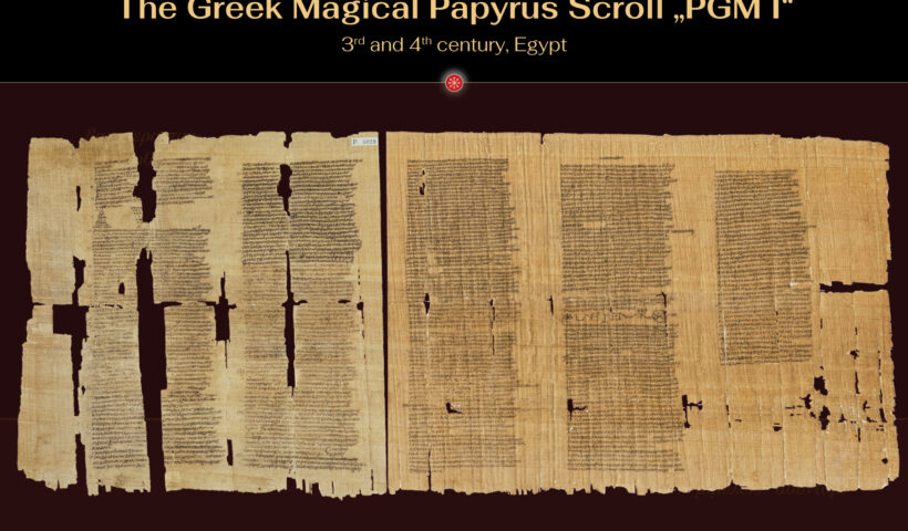 Greek Magical Papyrus PGM I, 3rd century A.D., ca. 80 x 33,5 cm, Egypt Left part: Muzeum Narodowe, Warsaw, Eastern Christian Art, inv. no 140159, with kind permission; Right part: Staatliche Museen zu Berlin, Antikensammlung / Norbert Franken, CC BY-NC-SA 4