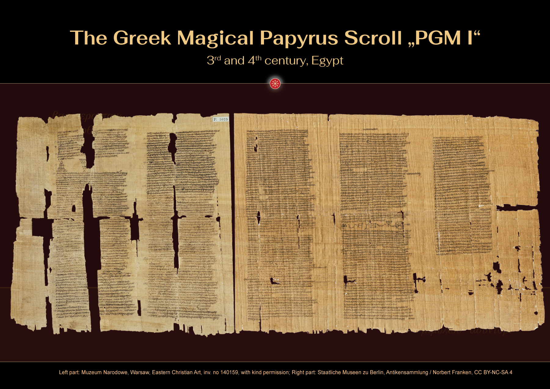Greek Magical Papyrus PGM I, 3rd century A.D., ca. 80 x 33,5 cm, Egypt Left part: Muzeum Narodowe, Warsaw, Eastern Christian Art, inv. no 140159, with kind permission; Right part: Staatliche Museen zu Berlin, Antikensammlung / Norbert Franken, CC BY-NC-SA 4