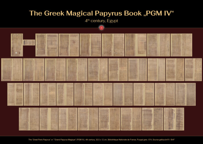 The “Great Paris Papyrus” or ”Grand Papyrus Magique” (PGM IV), 4th century, Egypt, H: 27-30.5 cm, W: 9.5-13 cm, Bibliothèque Nationale de France, Paris, P. supplemément grec 574, Images source gallica.bnf.fr / BnF