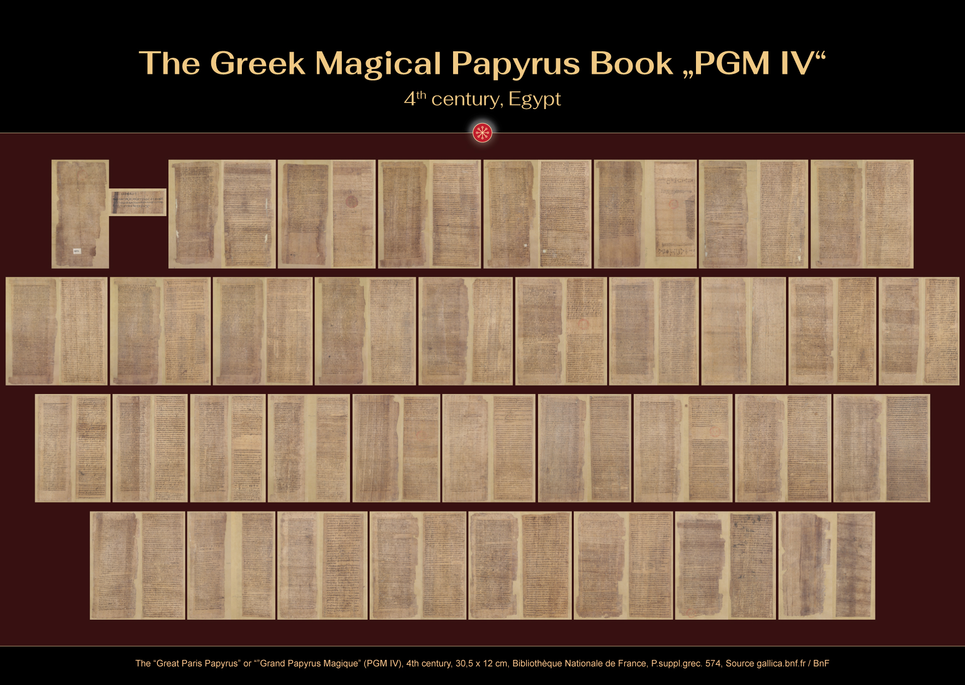 The “Great Paris Papyrus” or ”Grand Papyrus Magique” (PGM IV), 4th century, Egypt, H: 27-30.5 cm, W: 9.5-13 cm, Bibliothèque Nationale de France, Paris, P. supplemément grec 574, Images source gallica.bnf.fr / BnF