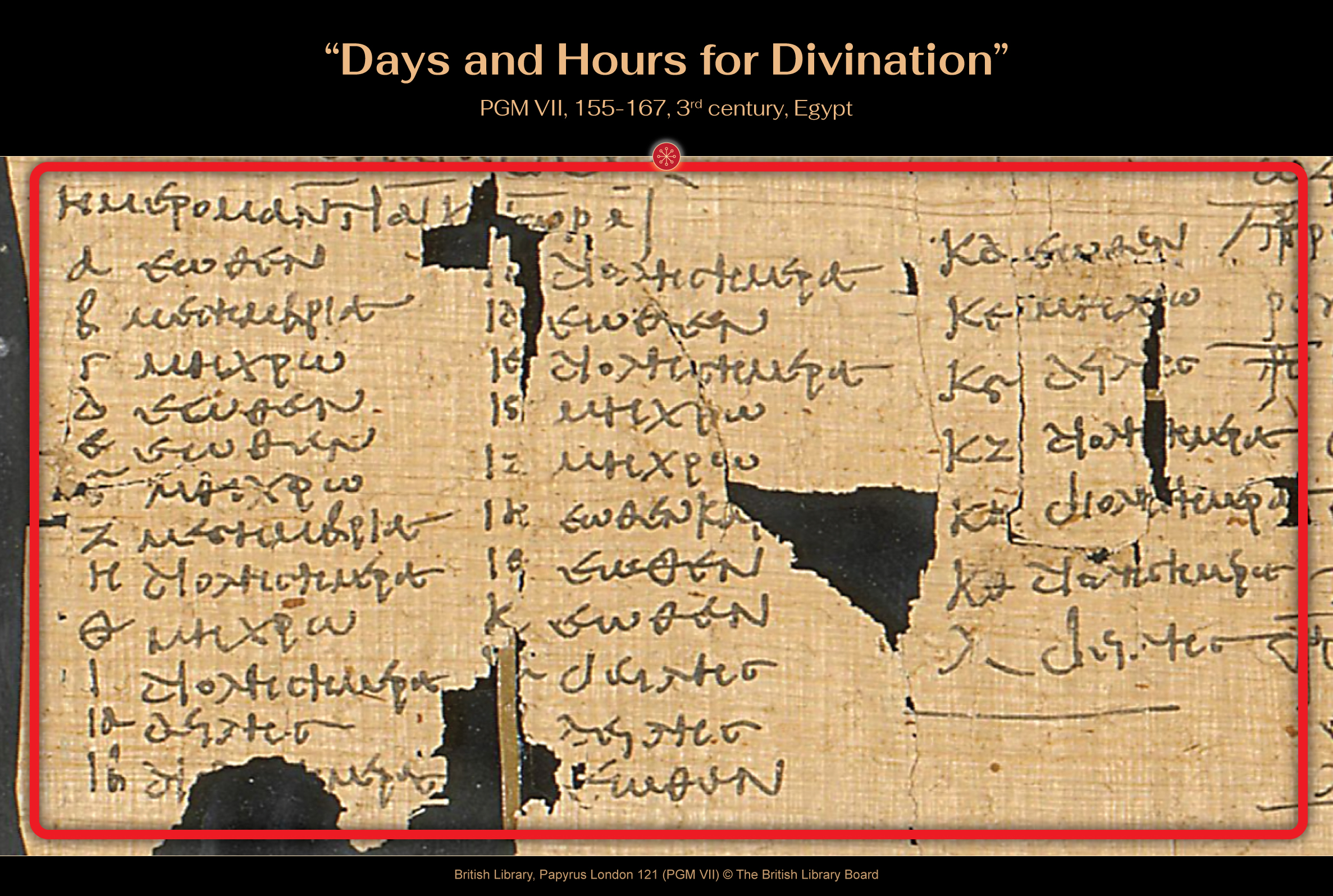 Image: British Library, PGM-VII,-155-167-Days-and-Hours-for-Divination - Papyrus London 121 (PGM VII) © The British Library Board