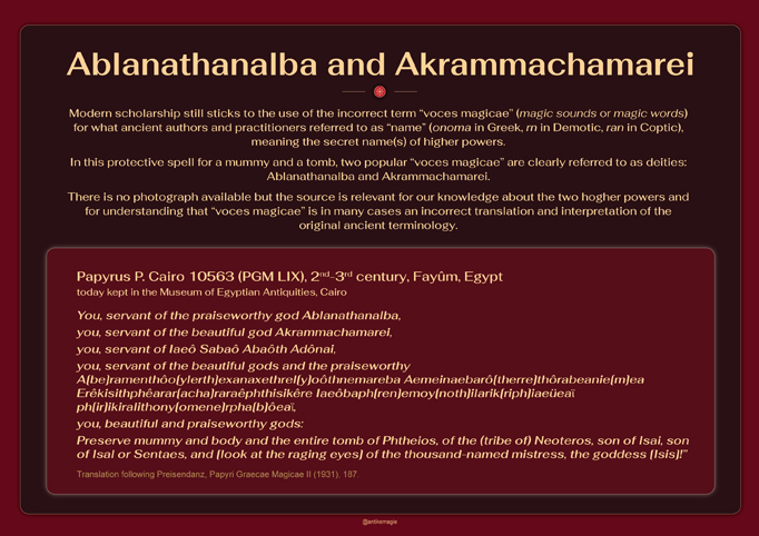 The Archaeology of Ancient Magic - Deities - Ablanathanalba - Akrammachamarei - PGM LXI