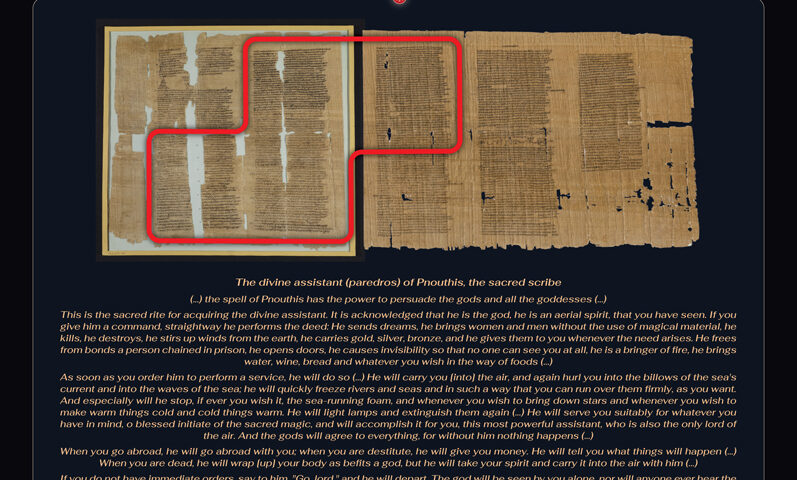 The Archaeology of Ancient Magic - The Divine Assistant of Pnouthis, the Sacred Scribe (PGM I, 42-105) - Left part: Muzeum Narodowe, Warsaw, Eastern Christian Art, inv. no 140159, with kind permission; Right part: Ägyptisches Museum und Papyrussammlung, P. 5025B, Photo: Staatliche Museen zu Berlin, Antikensammlung / Norbert Franken, CC BY-NC-SA 4.0